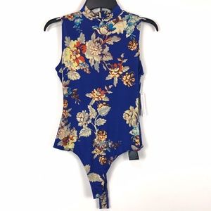 Guess Mikah Mock Neck Bodysuit Blue Floral Sz Sm